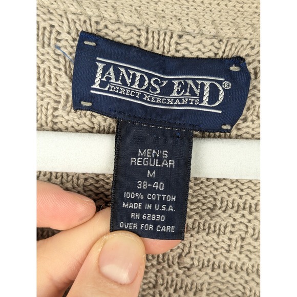 Lands End 100% Cotton Mens Cardigan Sweater Tan Textured Knit M Preppy Oversized - Picture 5 of 10